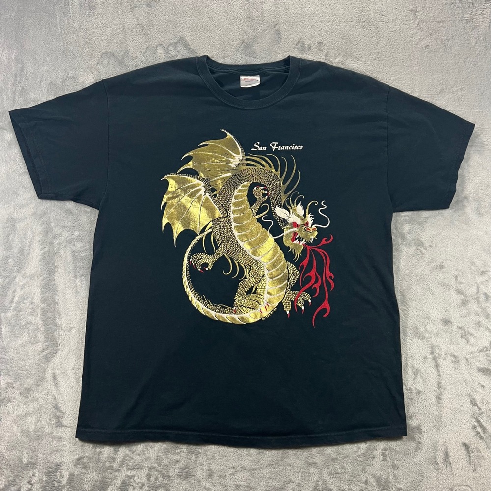 San Francisco Dragon Graphic Tee Adult XL Black Gold Foil Fire T-Shirt Hanes - Picture 2 of 16